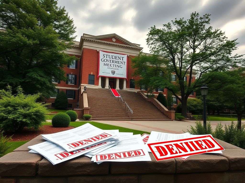 Flick International A university campus scene with a large brick building and 'Student Government Meeting' banner, illustrating student governance challenges