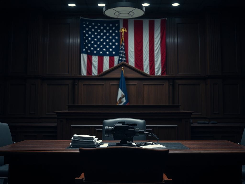 Flick International Dimly lit courtroom scene with judge's bench and American flag