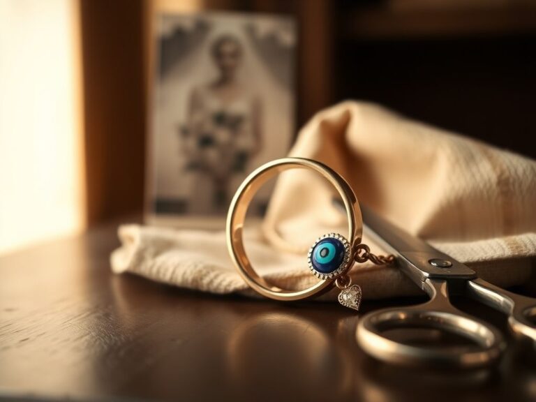 Flick International Close-up of a gold wedding ring transformed into a modern bracelet with an evil eye charm