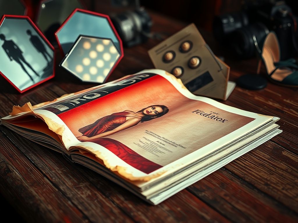 Flick International Close-up of an old, tattered fashion magazine on a rustic wooden table