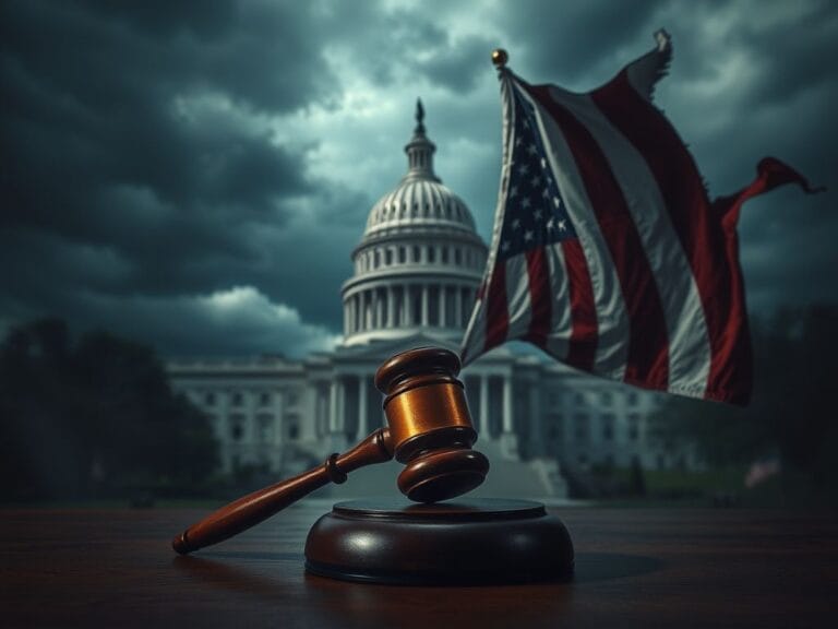 Flick International U.S. Capitol building shrouded in storm clouds with a gavel on a desk