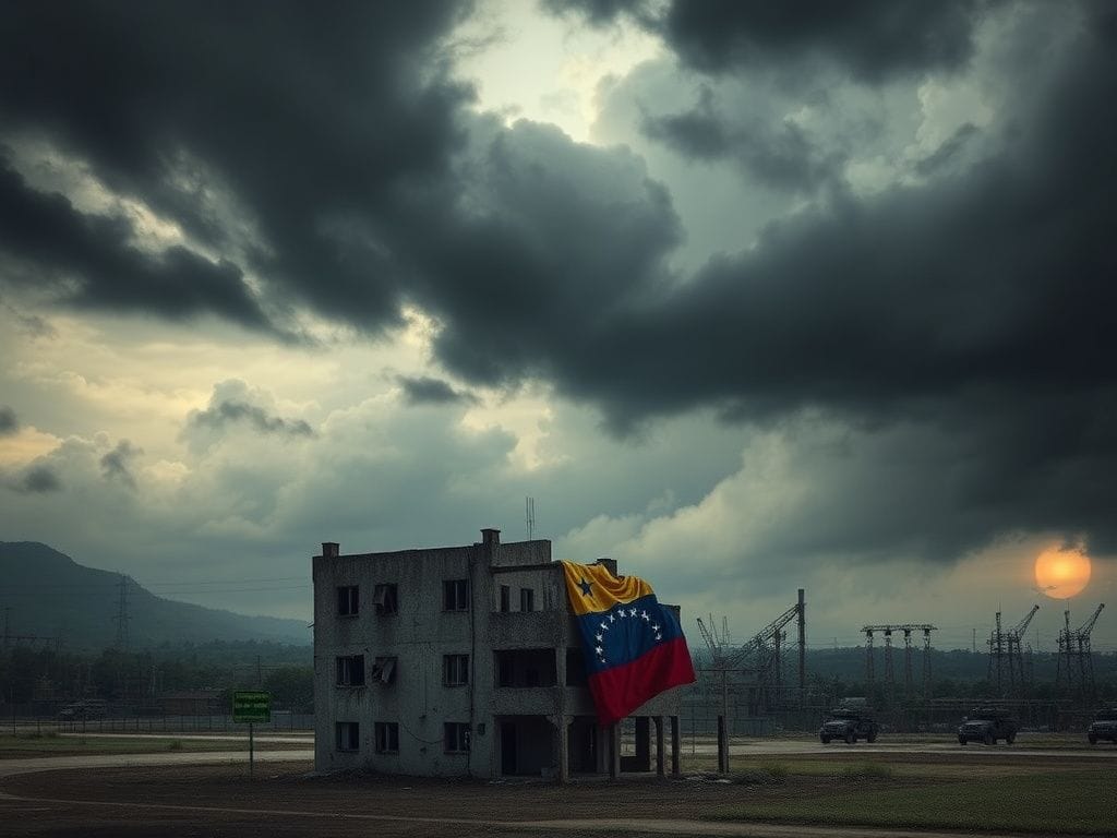 Flick International Stormy landscape over a crumbling building with a partially tattered Venezuelan flag symbolizing political turmoil