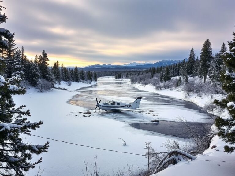 Flick International A small plane partially submerged in ice in Idaho with broken wings and debris after a tragic crash.