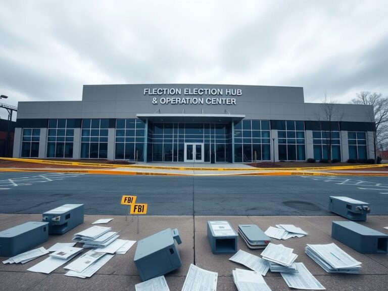 Flick International Wide-angle view of the Fulton County Election Hub and Operation Center with police tape and abandoned election materials.