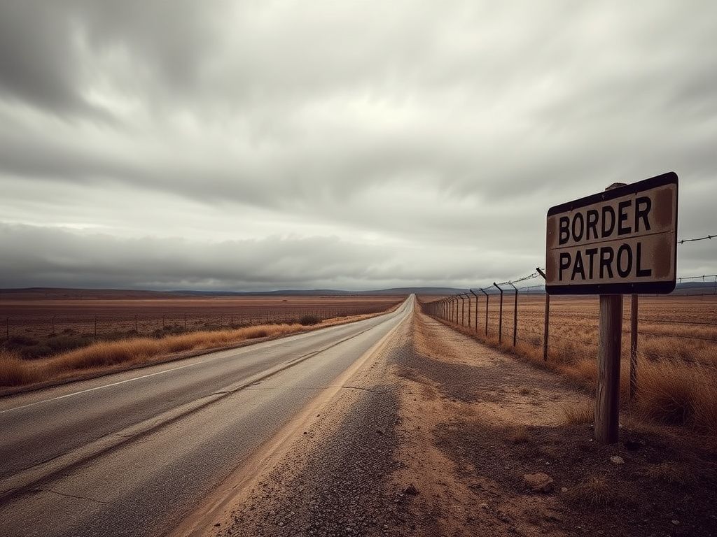 Flick International Desolate stretch of borderland in Minnesota with a weathered border patrol sign