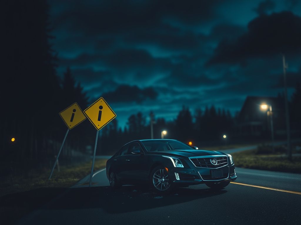 Flick International Damaged black Cadillac on a dark winding road in Michigan after a crash