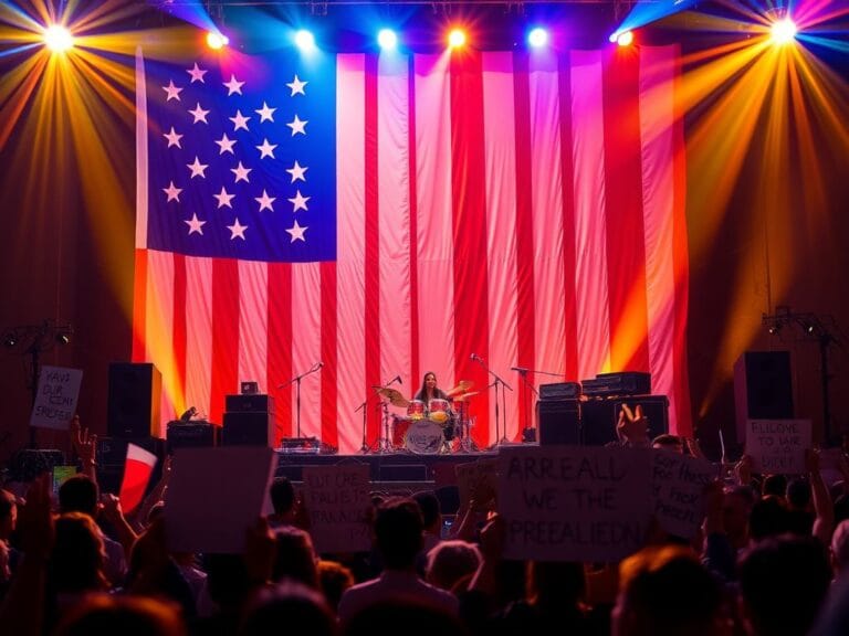 Flick International Vibrant stage with Nicki Minaj and patriotic backdrop showcasing musical performance