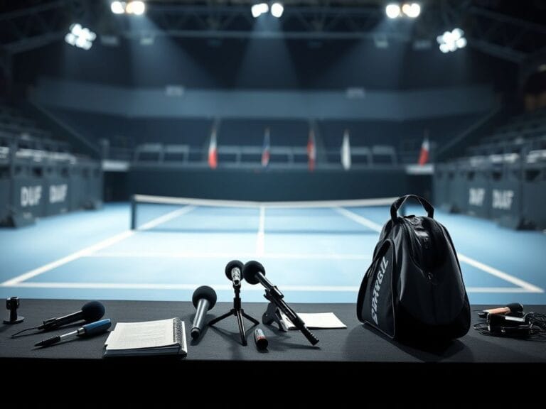 Flick International A tense press conference at the Australian Open with microphones and tennis equipment