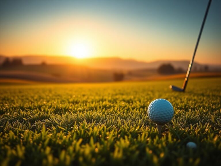 Flick International Sunrise over a lush golf course with a golf tee and ball in the foreground