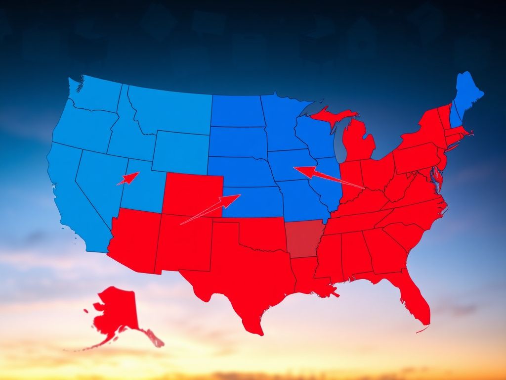 Flick International Aerial view of the United States map showing red and blue states indicating electoral vote shifts
