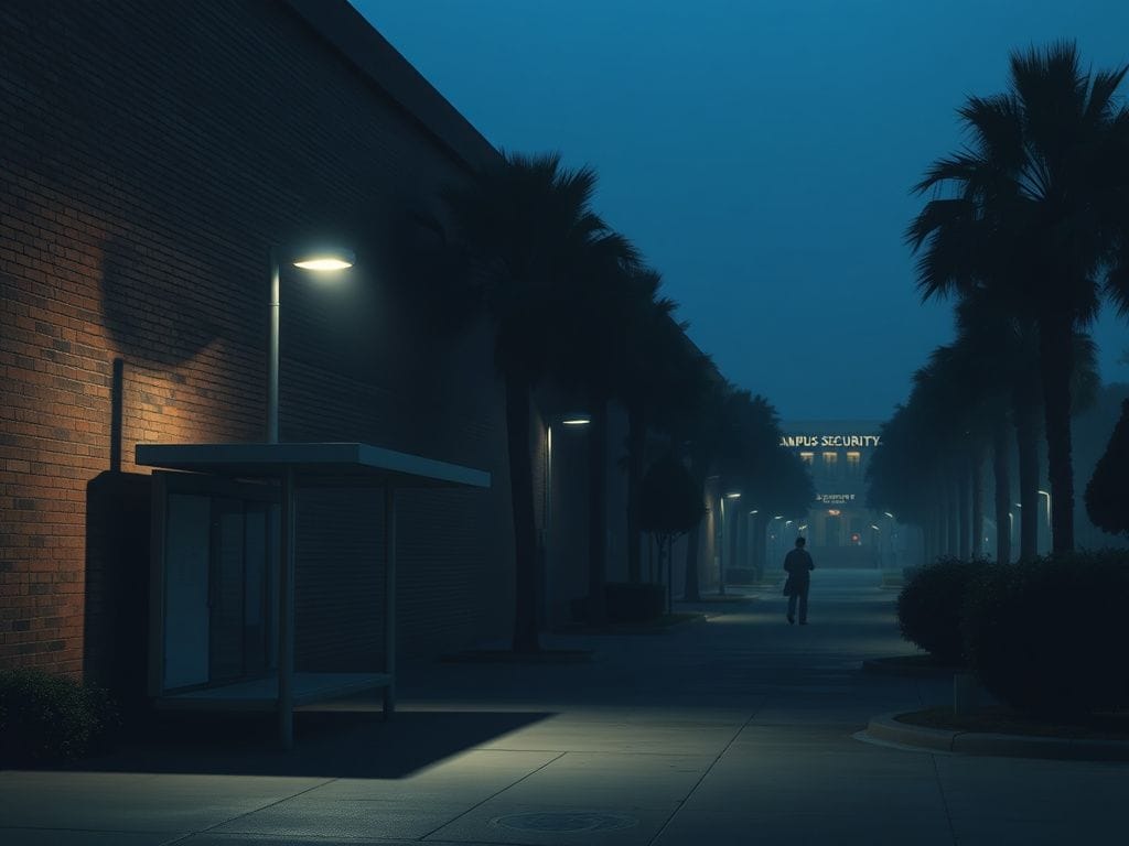 Flick International Dimly lit university campus scene at dawn with a tall brick wall and a partially opened gate
