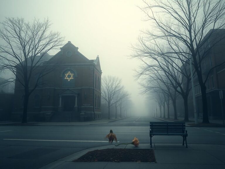 Flick International A solemn urban street in Queens featuring a synagogue on Holocaust Remembrance Day