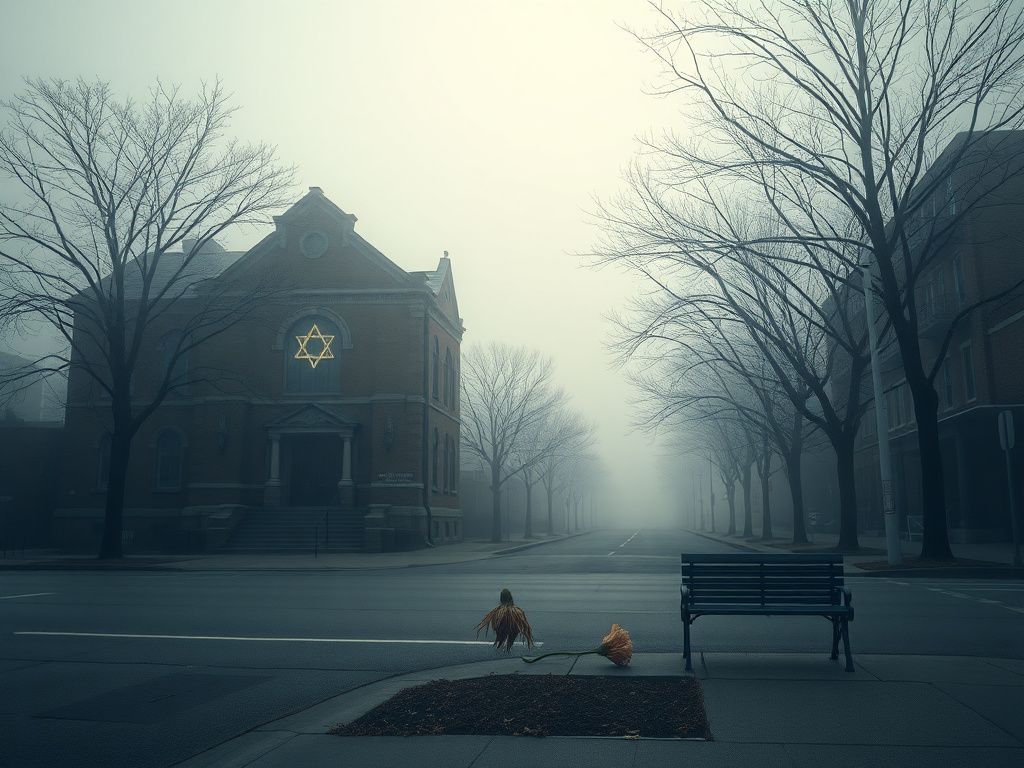 Flick International A solemn urban street in Queens featuring a synagogue on Holocaust Remembrance Day
