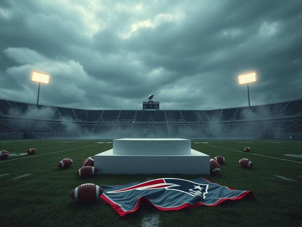 Flick International A dramatic football field under a cloudy sky with an empty pedestal symbolizing the Pro Football Hall of Fame
