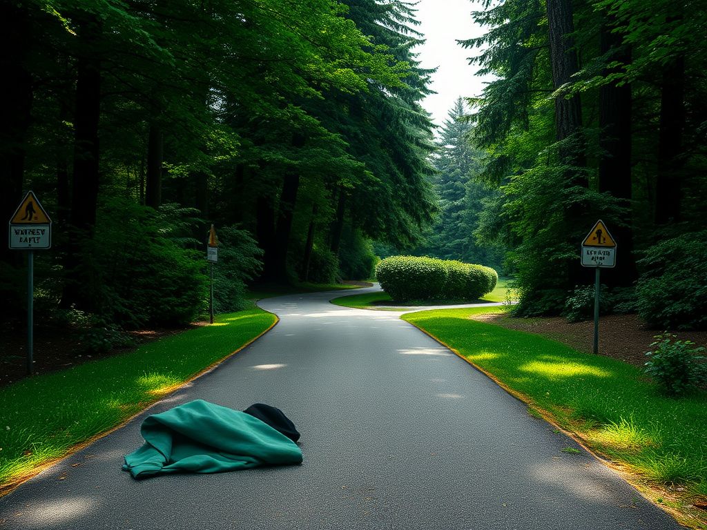 Flick International Serene view of Bear Creek Trail in affluent Seattle suburb with abandoned hoodie and beanie