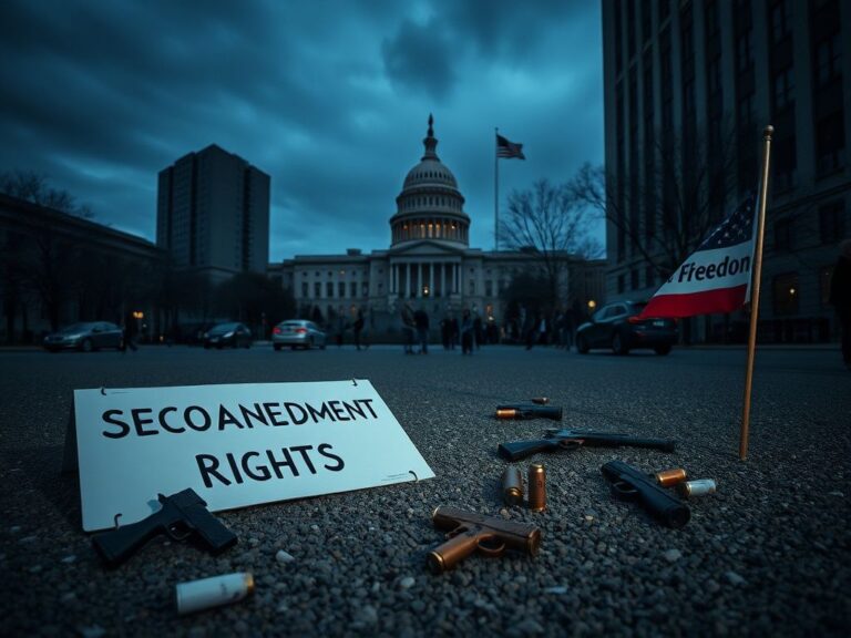 Flick International somber urban scene depicting an empty protest area with gray skies and government buildings