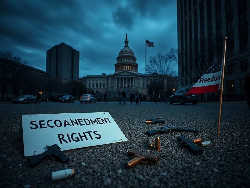 Flick International somber urban scene depicting an empty protest area with gray skies and government buildings