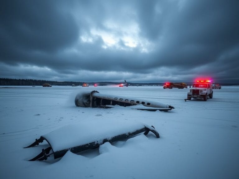 Flick International Snow-covered runway at Bangor International Airport showing aftermath of plane crash