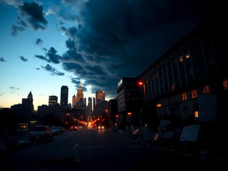 Flick International A dramatic cityscape of Minneapolis at twilight, featuring a deserted street and protest remnants