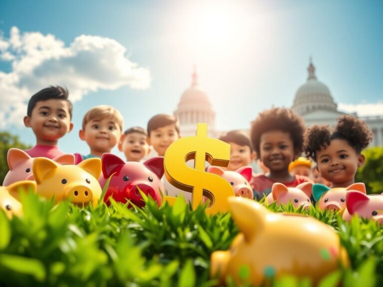 Flick International A vibrant scene with colorful piggy banks representing children from diverse backgrounds against a bright blue sky