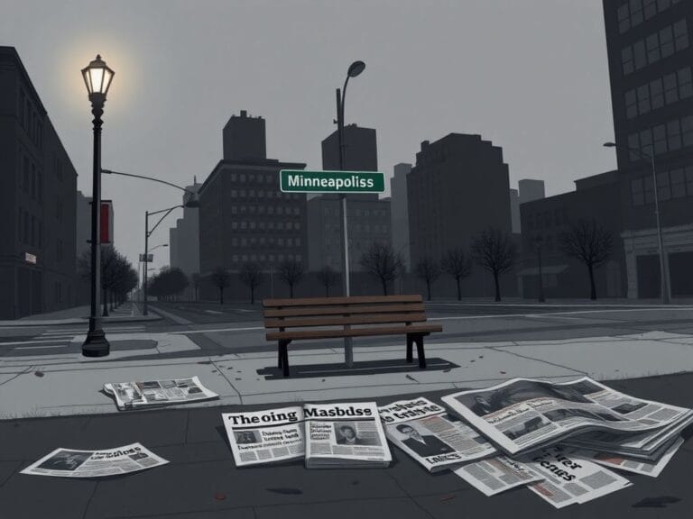 Flick International Desolate street corner in Minneapolis with a street sign and shadowy buildings reflecting a tense political atmosphere
