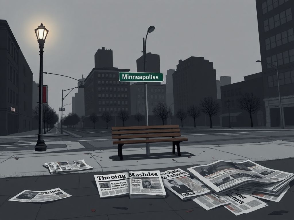 Flick International Desolate street corner in Minneapolis with a street sign and shadowy buildings reflecting a tense political atmosphere