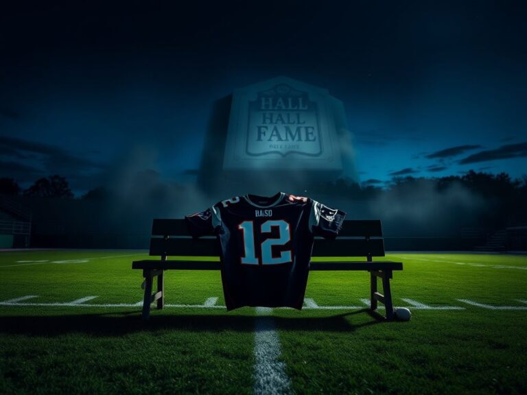 Flick International Dramatic football field at dusk with empty bench and New England Patriots jersey