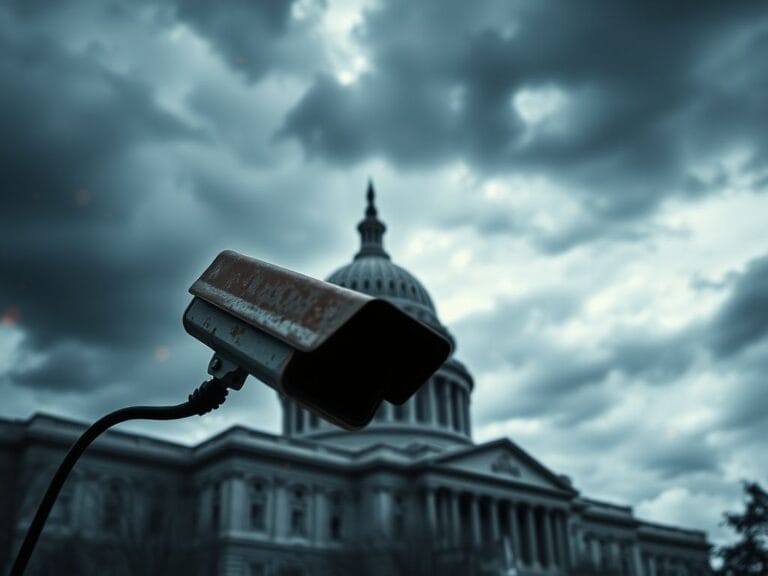 Flick International Dark government building symbolizing Senate with stormy sky and surveillance camera