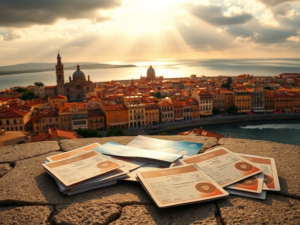 Flick International A serene landscape of a bustling Spanish city with iconic architecture and immigration documents