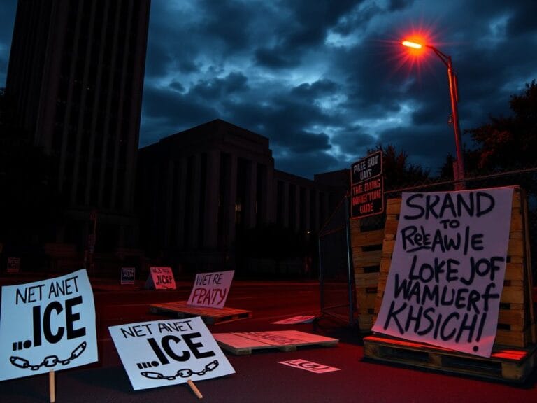 Flick International Dramatic urban landscape at dusk featuring an imposing federal building and protest signs with anti-ICE slogans