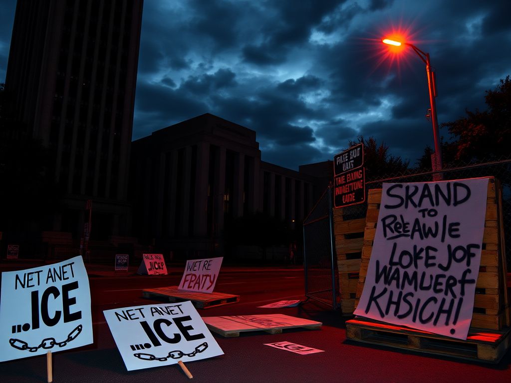 Flick International Dramatic urban landscape at dusk featuring an imposing federal building and protest signs with anti-ICE slogans