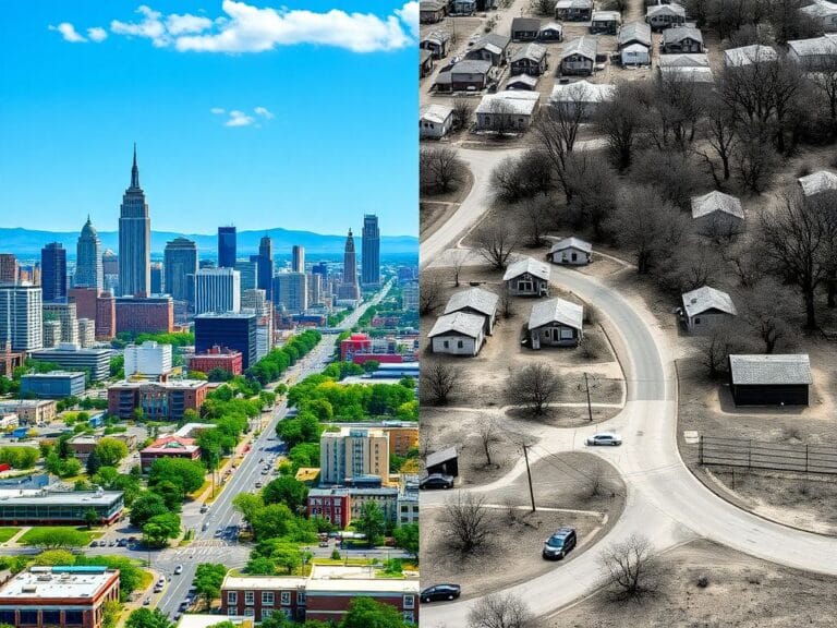 Flick International A split-screen image contrasting a vibrant urban landscape with a desolate rural area to illustrate U.S. migration trends.