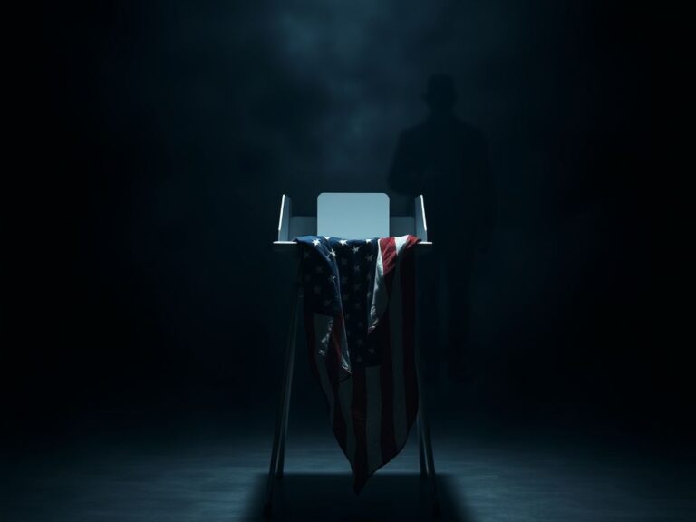 Flick International A somber polling place with an empty voting booth and a faded American flag, symbolizing threats to democracy