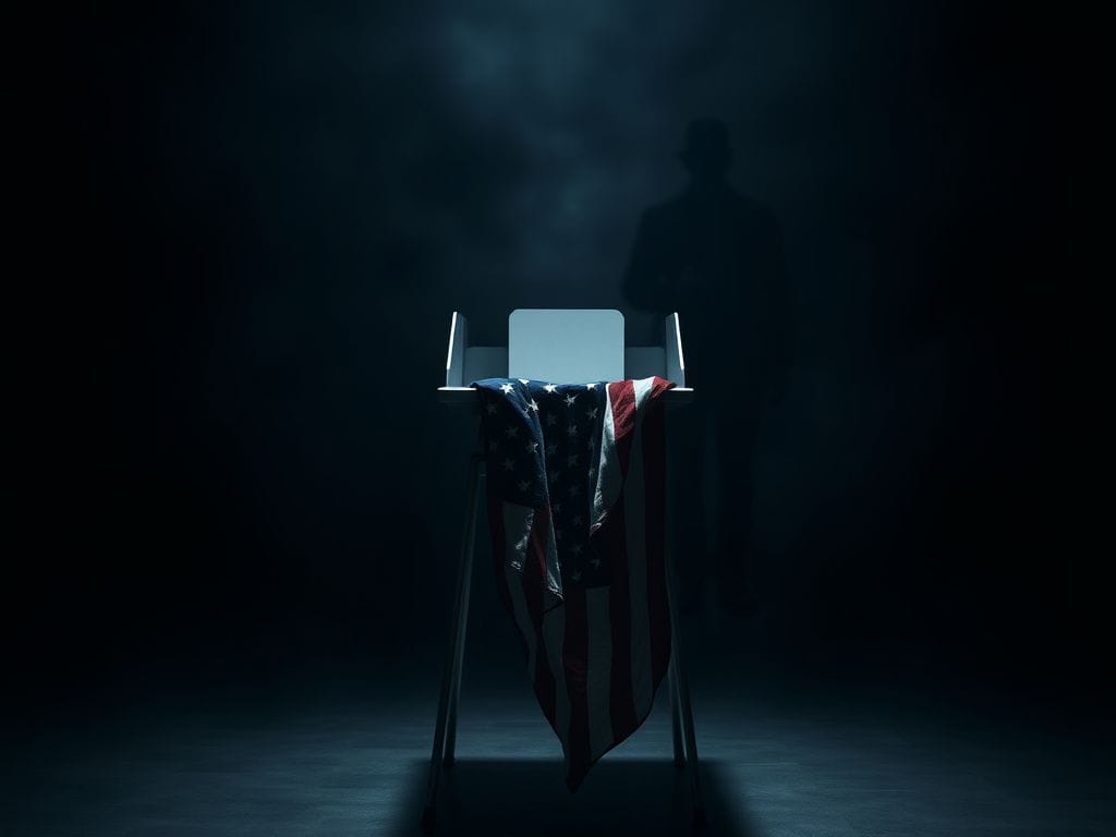 Flick International A somber polling place with an empty voting booth and a faded American flag, symbolizing threats to democracy