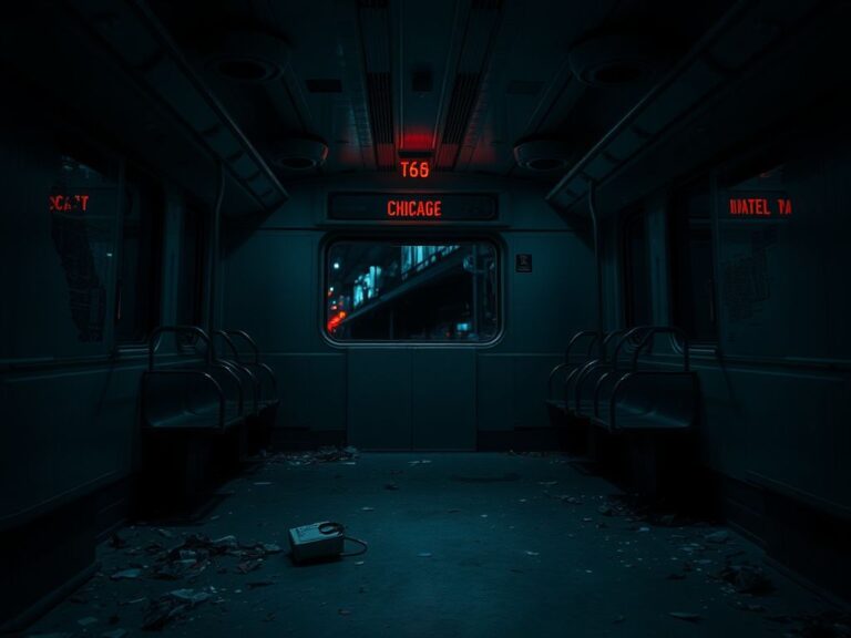 Flick International Dimly lit Chicago train car with scattered debris and shattered window reflecting city lights