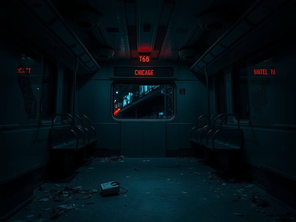 Flick International Dimly lit Chicago train car with scattered debris and shattered window reflecting city lights