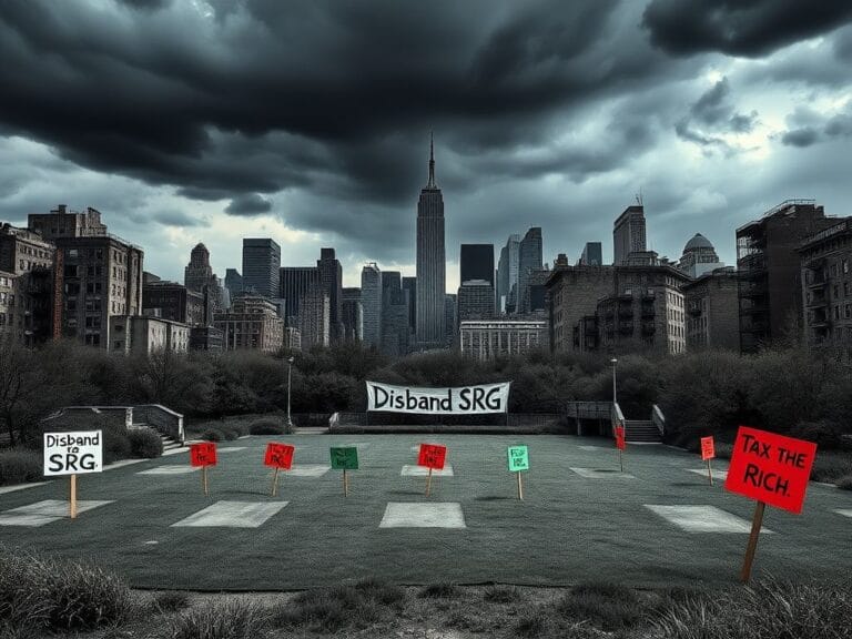 Flick International Urban landscape of New York City skyline under a stormy sky with protest signs advocating for reform