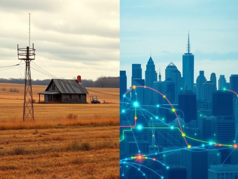 Flick International A contrast between a rural farmhouse and a bustling city skyline symbolizing the digital divide in America