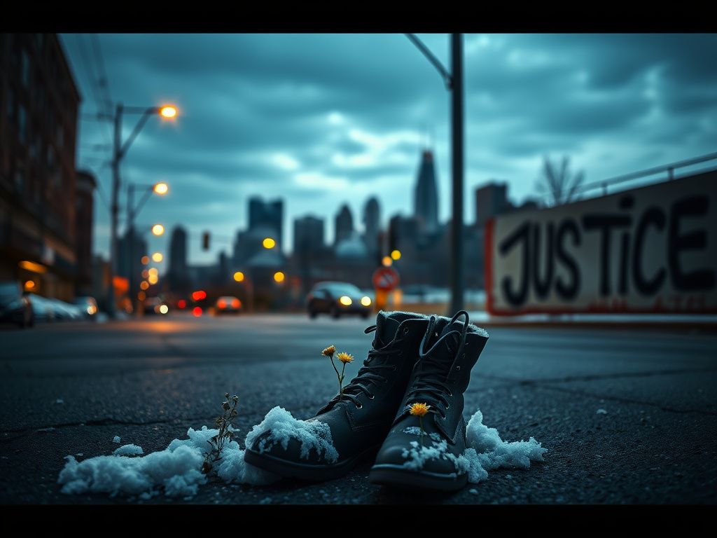 Flick International Empty snow-covered boots on a Minneapolis street symbolize loss and remembrance, with flowers as a memorial.