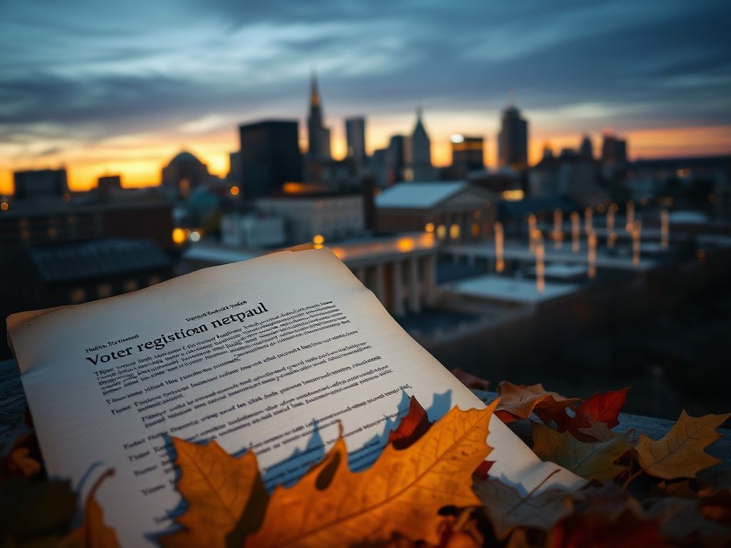 Flick International A wide-angle view of Minneapolis and St. Paul skyline at twilight with a focus on voter registration documents