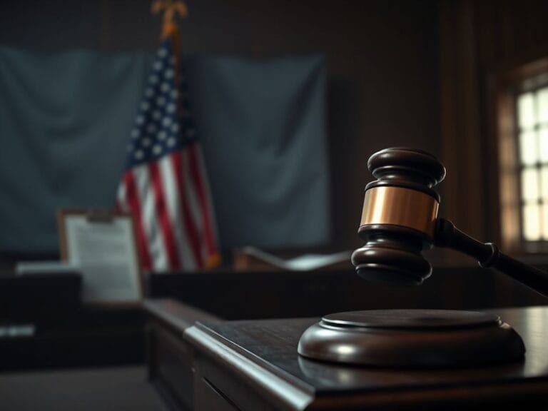Flick International Darkened courtroom with gavel on wooden bench symbolizing justice