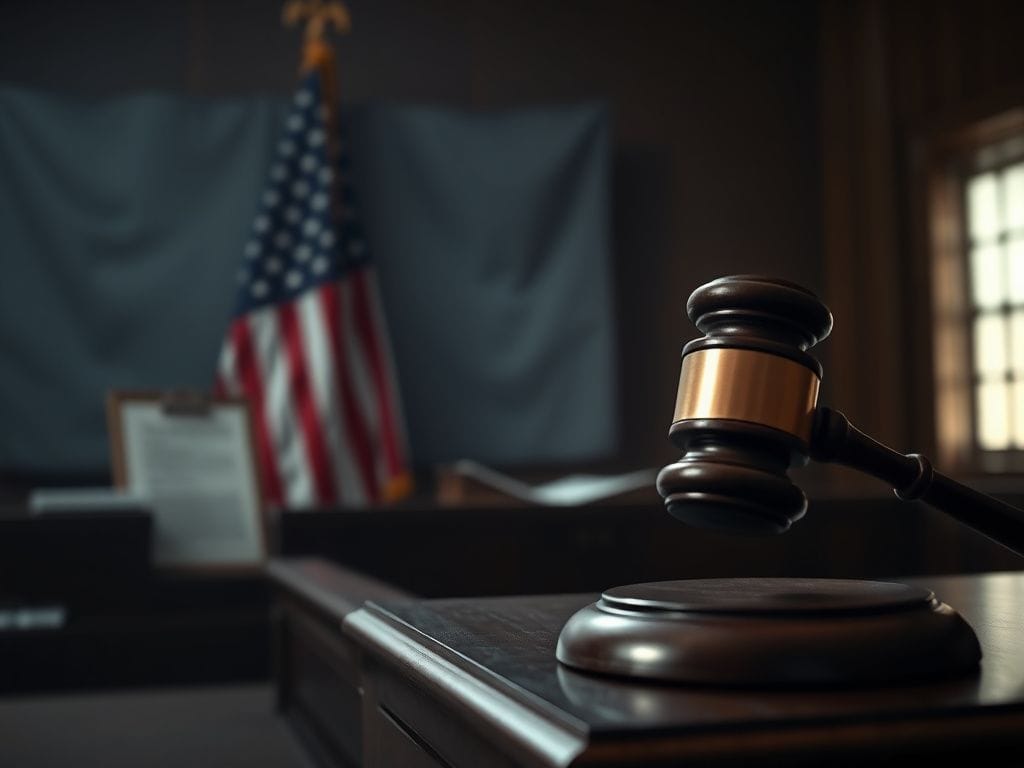 Flick International Darkened courtroom with gavel on wooden bench symbolizing justice