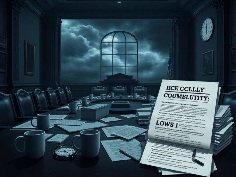 Flick International Dimly lit government building interior with a conference table filled with documents and coffee cups