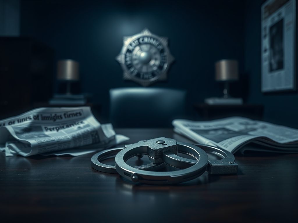 Flick International A pair of sturdy handcuffs resting on a dark wooden table symbolizing law enforcement