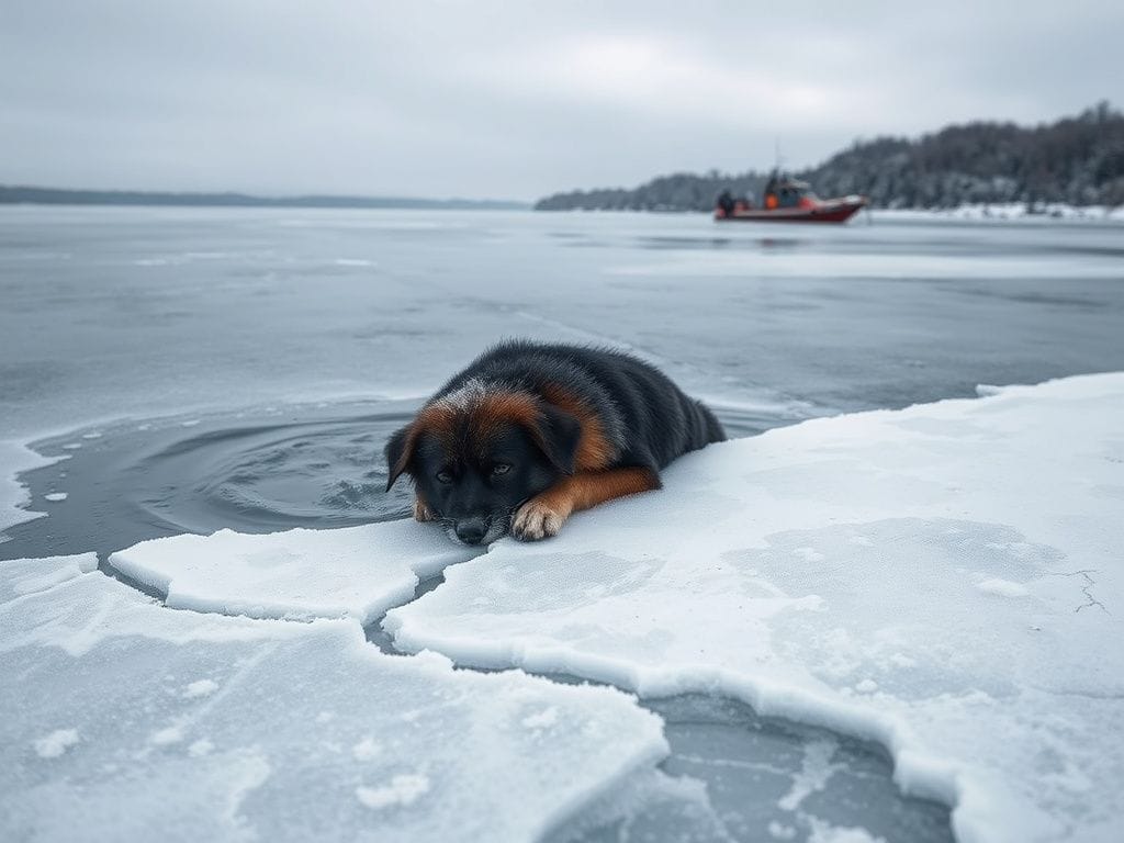 Flick International Dog struggling in icy water, partially submerged as rescue crews respond