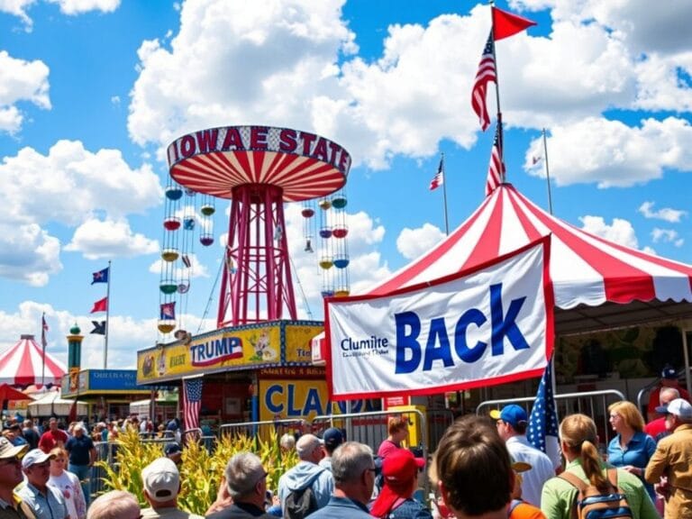 Flick International A vibrant outdoor scene at the Iowa State Fair with colorful fairground rides and a welcoming banner for Trump’s return.