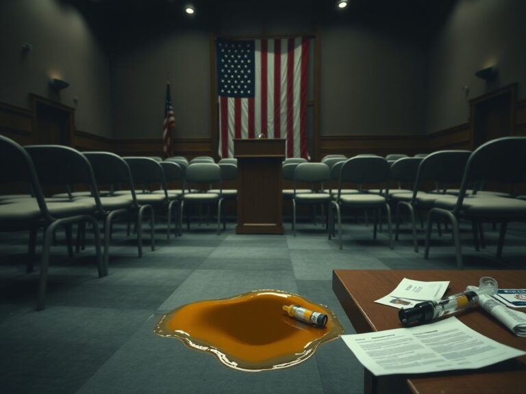 Flick International A town hall setting with apple cider vinegar on the floor and a backdrop of the American flag