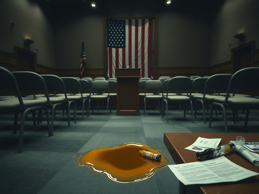 Flick International A town hall setting with apple cider vinegar on the floor and a backdrop of the American flag