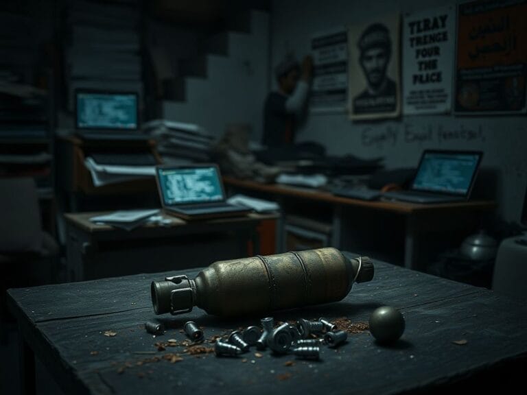 Flick International A dimly lit room featuring a homemade bomb on a rickety table surrounded by metal fragments, reflecting a terrorist threat.