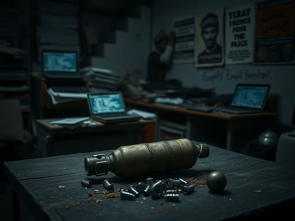 Flick International A dimly lit room featuring a homemade bomb on a rickety table surrounded by metal fragments, reflecting a terrorist threat.